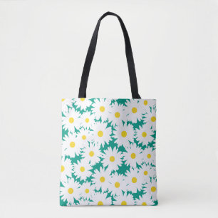 Tote Bag Négative Space Daisies blanc jaune sur vert