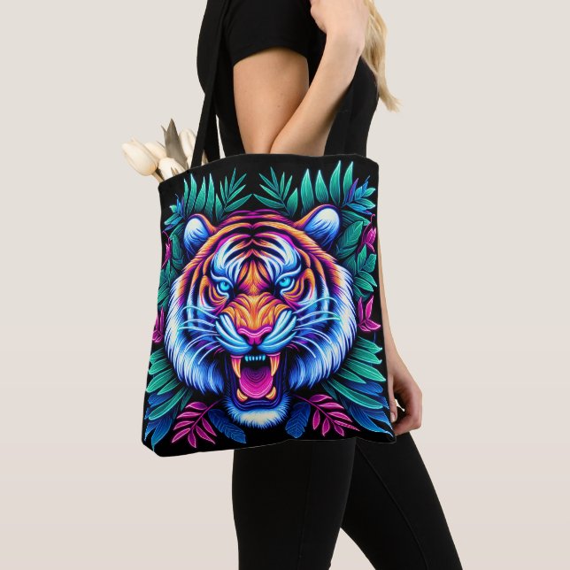 Tote Bag Neon Tiger et feuilles de la jungle (De près)