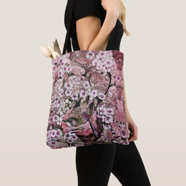 TOTE BAG NEST D'OISEAU PARMI LES FLEURS DE PRINTEMPS BLANC  (De près)