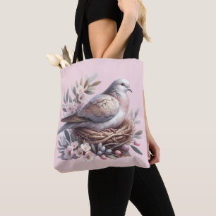 Tote Bag Nid de colombe rousse avec fleurs et branches d'ol