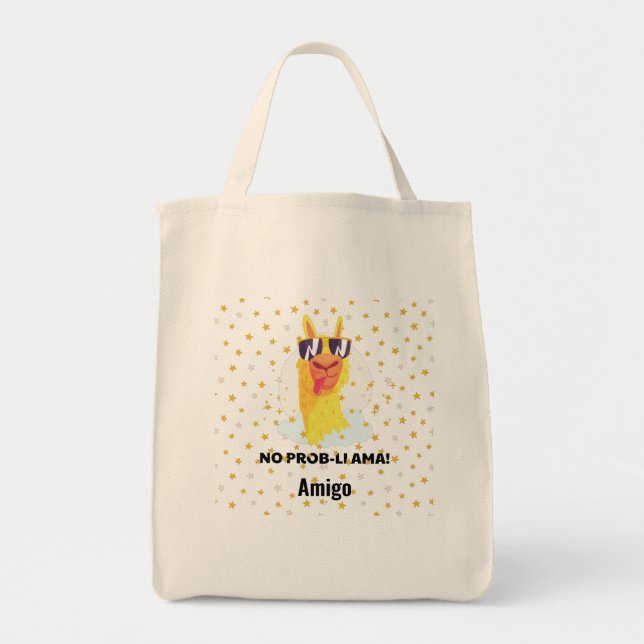 Tote Bag No-Prob-Llama Drôle Mignonne Llama avec étoiles (Devant)