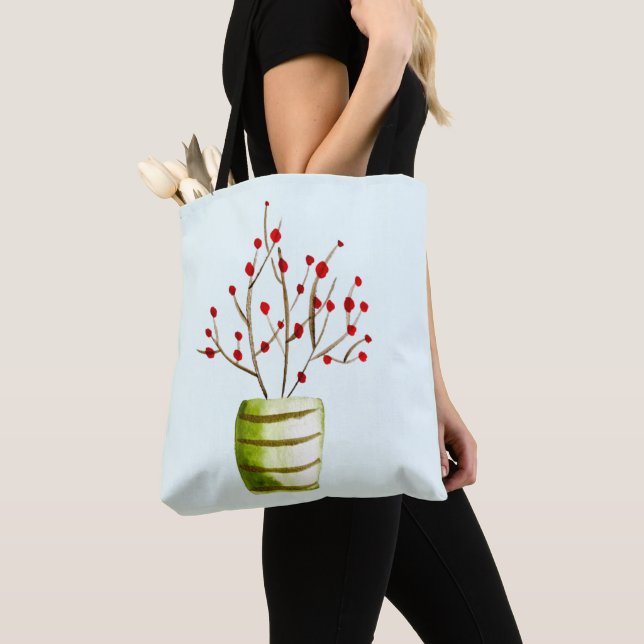 Tote Bag Noël à l'aquarelle de Red Berries (De près)