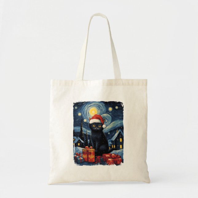 Tote Bag Noël Chat noir Starry Nuit Van Gogh Retro Ca (Devant)