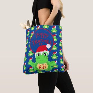 Tote Bag Noël Cute Frog Santa Hat Blue Novelité