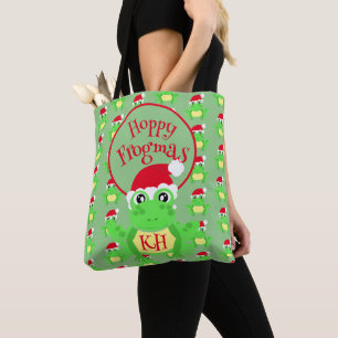 Tote Bag Noël Cute Frog Santa Hat Green Nouveauté