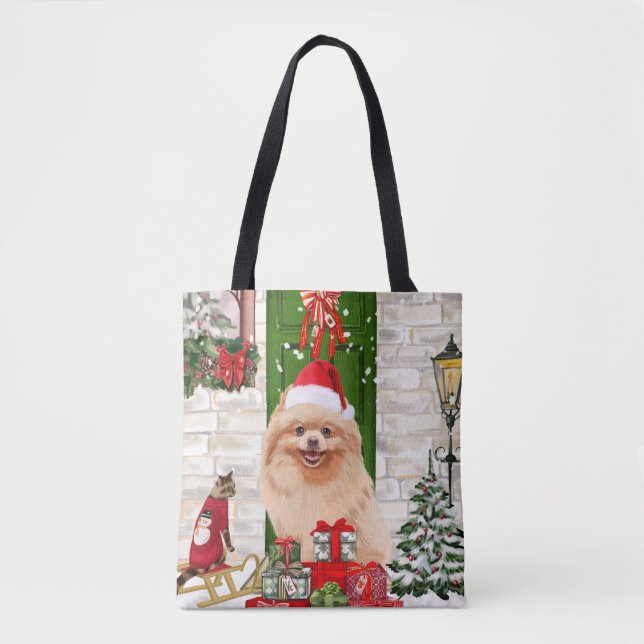 Tote Bag Noël du chien de Poméranie (Devant)