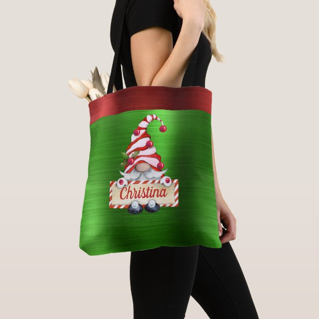Tote Bag Noël Gnome Rouge à rayures Casquette Vert métalliq (De près)