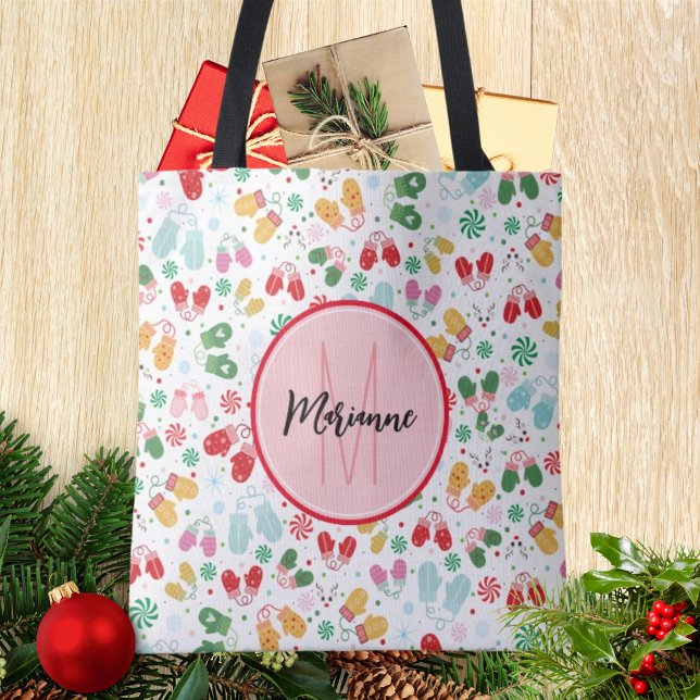 Tote Bag Noël hiver Mittens Candy Rouge rose Monogramme (Créateur téléchargé)