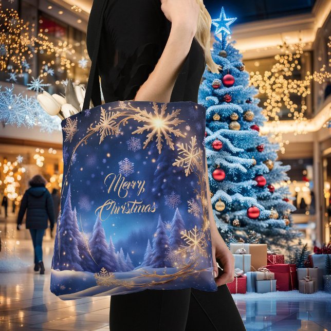 Tote Bag Noël magique - flocons de neige dorés sur bleu (Créateur téléchargé)
