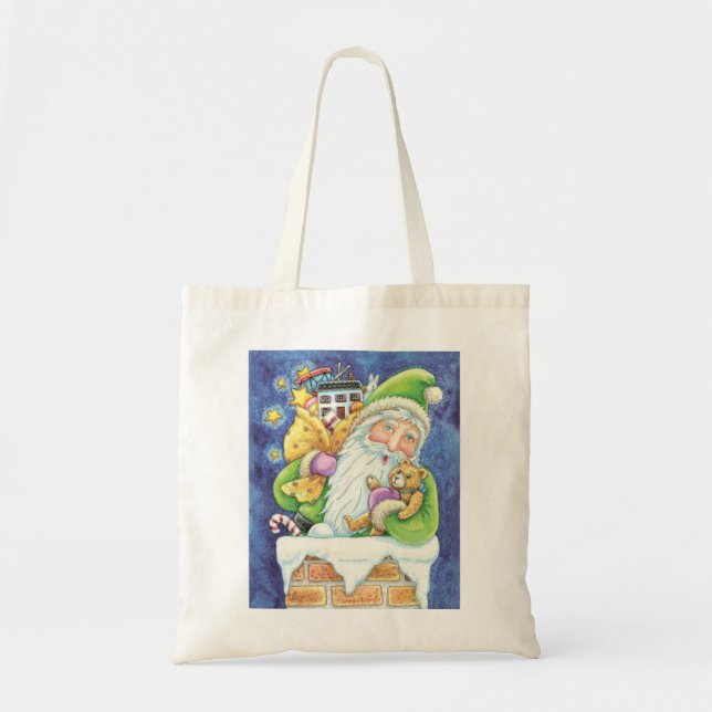 Tote Bag Noël mignon, Père Noël à Chimney avec jouets (Devant)