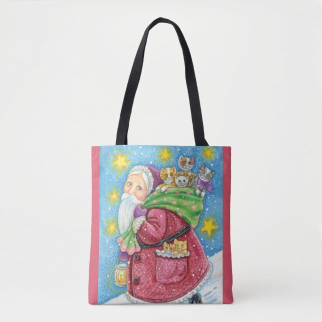 Tote Bag Noël mignon, Père Noël avec chatons et chats ! (Devant)