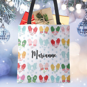 Tote Bag Noël Mittens Snowflakes Nom de script élégant