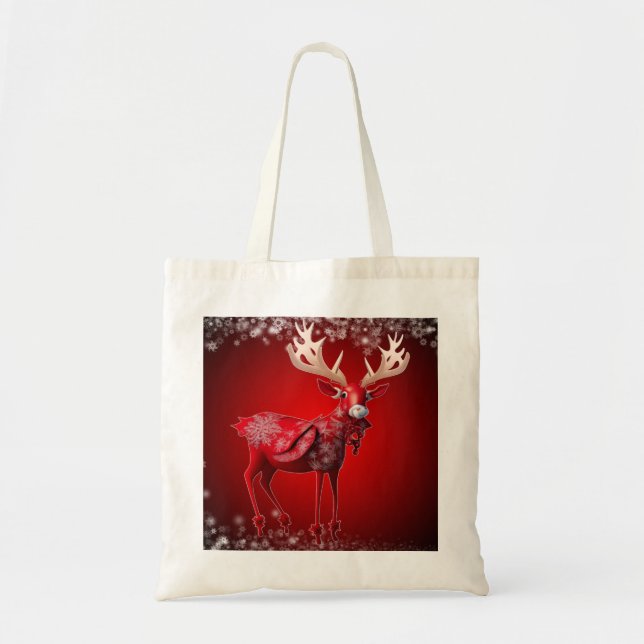 Tote Bag Noël Red Reindeer Snowflakes Vacances d'hiver (Devant)