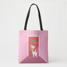 Tote Bag Noël Retro Chat blanc et souris rose