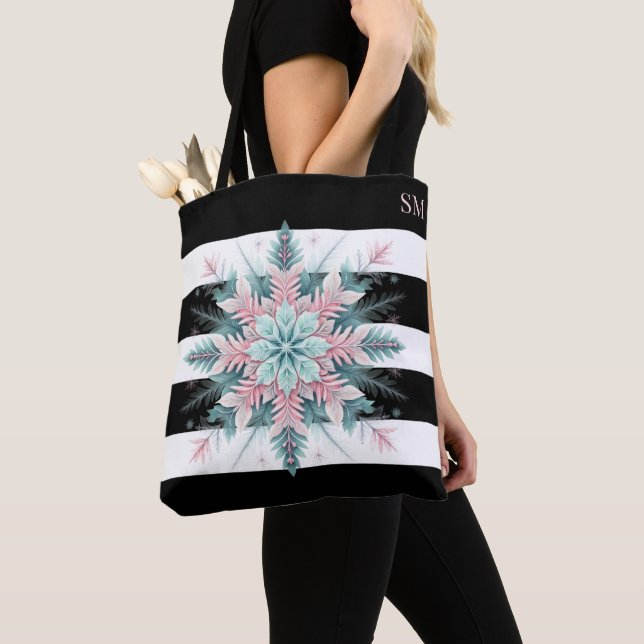 Tote Bag Noël rose Turquoise Thème Snowflake (De près)