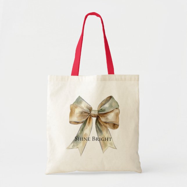 Tote Bag Noel Rustique Blanc Vert Or Bow Personnalisé (Devant)