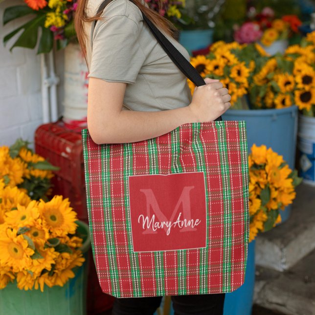Tote Bag Noël Rustique Monogramme Rouge Vacances Plaid (Holiday monogram red and green plaid pattern tote bag)