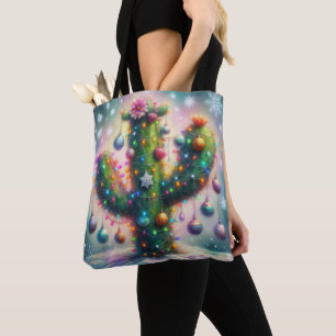 Tote Bag Noël Saguaro Cactus Whimsical Snowflakes