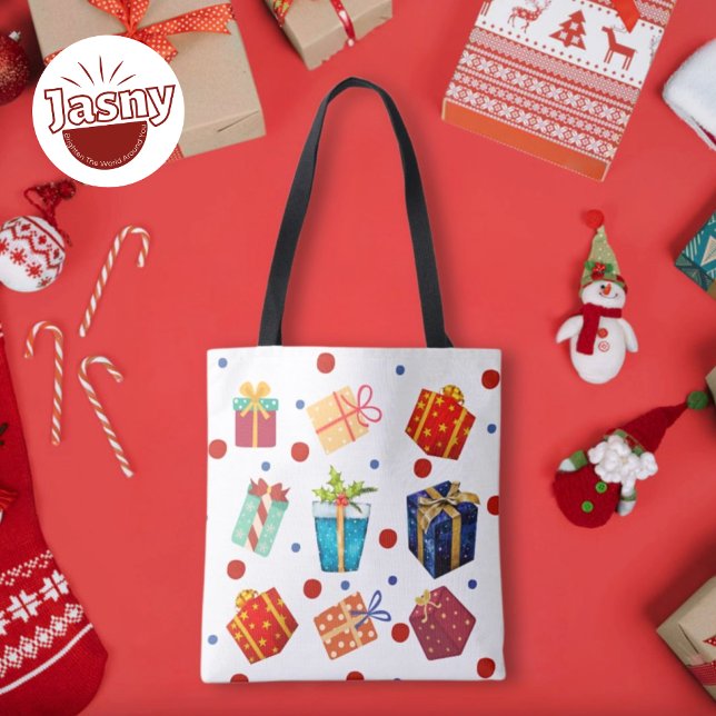 Tote Bag Noël Thème Pois et cadeaux (Créateur téléchargé)