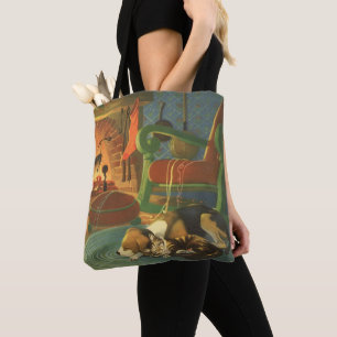 Tote Bag Noël vintage, Animaux endormis près de la cheminée