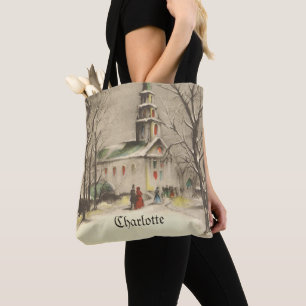 Tote Bag Noël vintage, église dans un paysage enneigé d'hiv