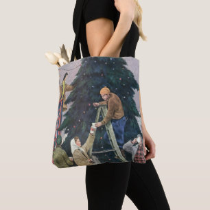 Tote Bag Noël vintage, famille accrochant des lumières sur