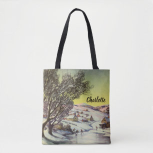 Tote Bag Noël vintage, lac gelé avec patineurs