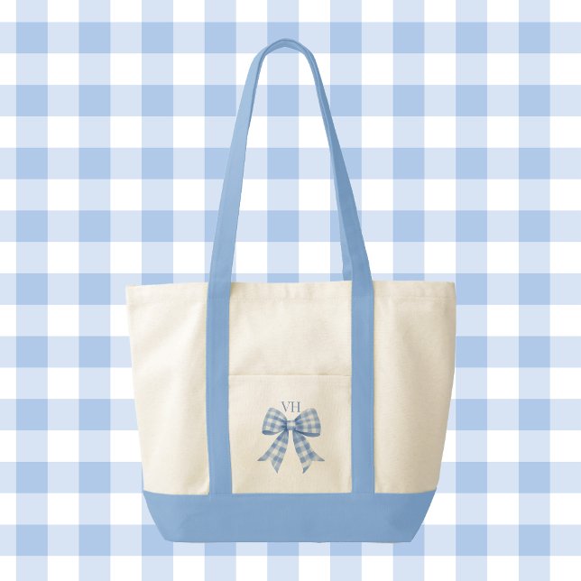Tote Bag Nœud à carreaux Gingham bleu avec garniture de mon (blue gingham check bow monogram tote bag)