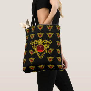 Tote Bag NŒUD CELTIQUE EN OR CŒUR BIJOU GEMME ROUGE  Noir