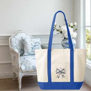 Tote Bag Nœud floral bleu et vert avec garniture contrastée