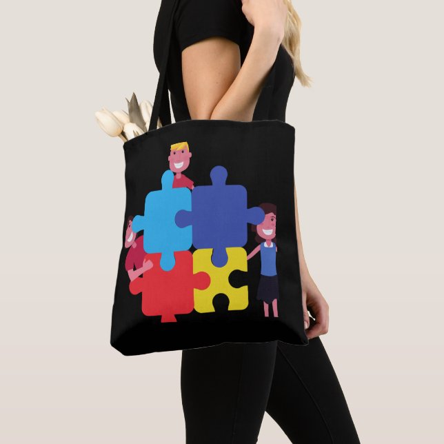 Tote Bag noir allover imprimer puzzle autisme fourre-tout c (De près)
