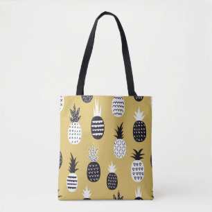Tote Bag Noir, ananas blanc, arrière - plan jaune
