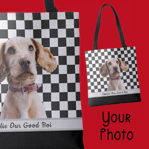 Tote Bag Noir Blanc À damiers Nom de la photo personnalisée