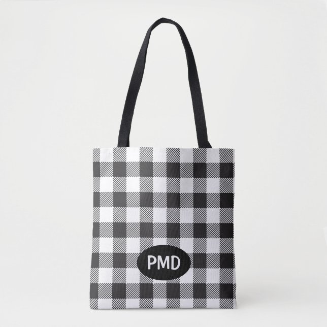 Tote Bag Noir blanc Buffle Plaid Vérifier Monogramme Initia (Devant)
