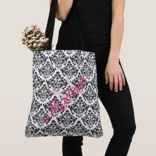 Tote Bag Noir Blanc Damask Trendy mignon Fille Nom Monogram