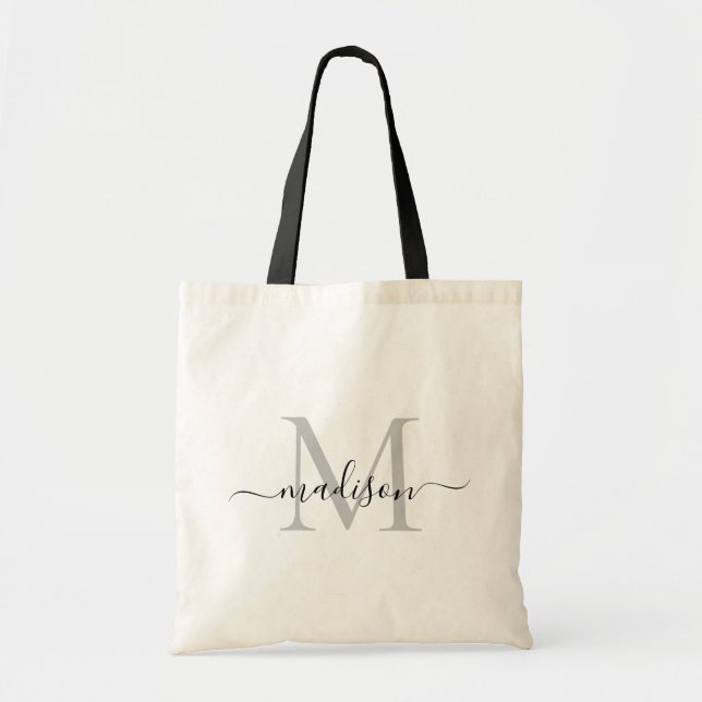 Tote Bag Noir Blanc Monogramme Élégant moderne Nom du scrip (Devant)