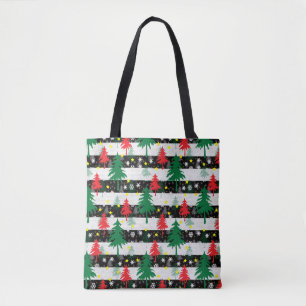 Tote Bag Noir Blanc Stripes Neiges Rouge Vert Arbres
