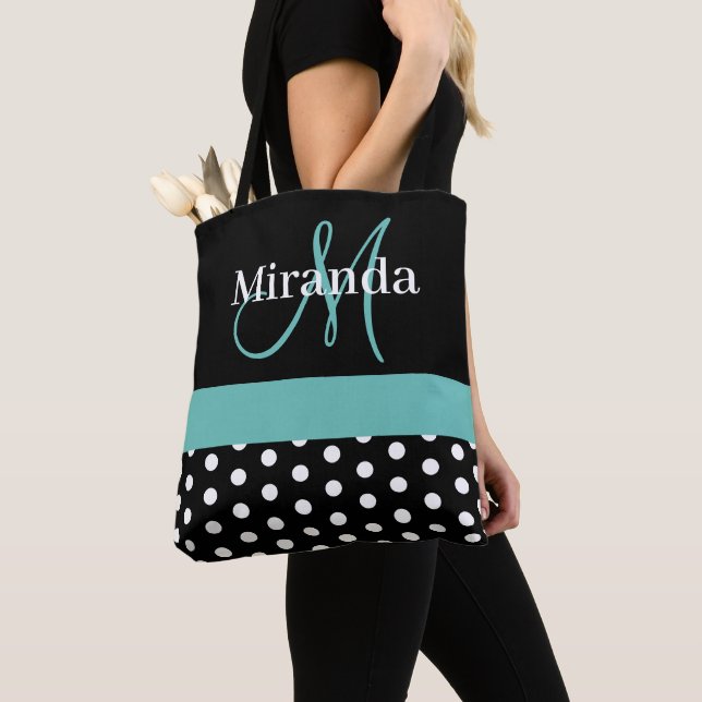 Tote Bag Noir Blanc Turquoise vert Monogramme Pois de scrip (De près)