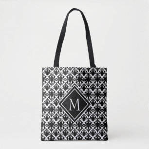 Tote Bag Noir et blanc Monogramme Damas