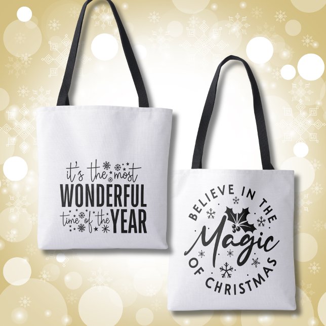 Tote Bag Noir et blanc Noël Typographie moderne (Black and white Christmas tote bag is both classy and trendy. Two designs make it like two bags!)