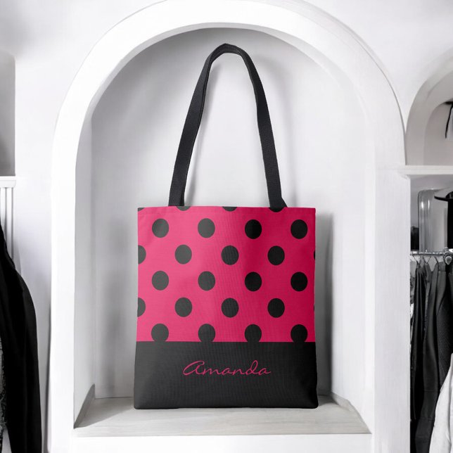 Tote Bag Noir et pois chic fuchsia avec le monogramme (Personalize with your name or other desired text.)