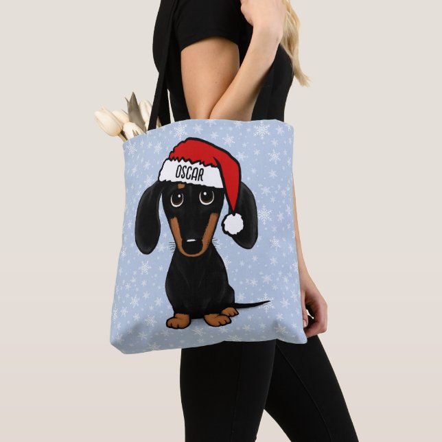 Tote Bag Noir et Tan Père Noël Dachshund mignon chien Noël (De près)