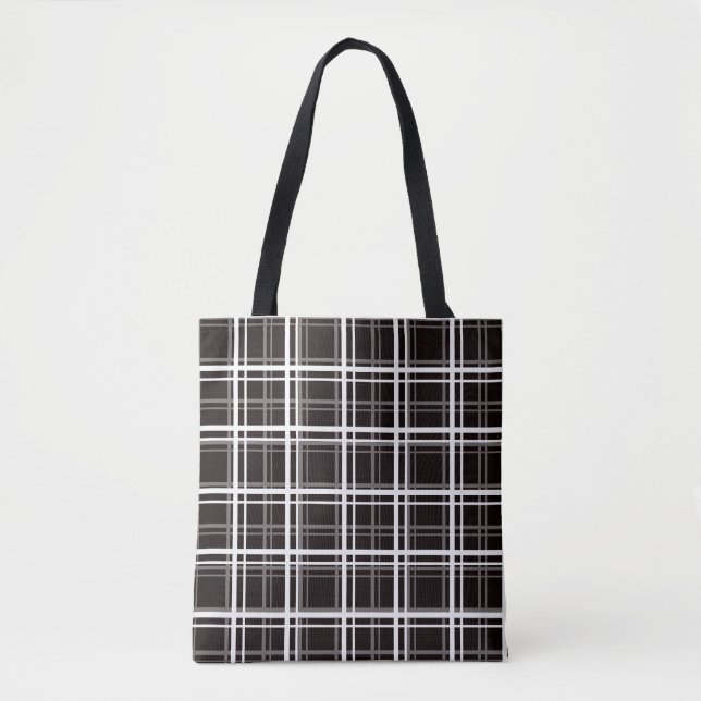 Tote Bag Noir Fenêtre Plaid Grid Stripes Design Motif (Devant)