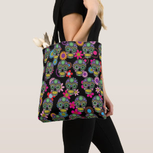 Tote Bag Noir fou de crâne et de fleurs de sucre