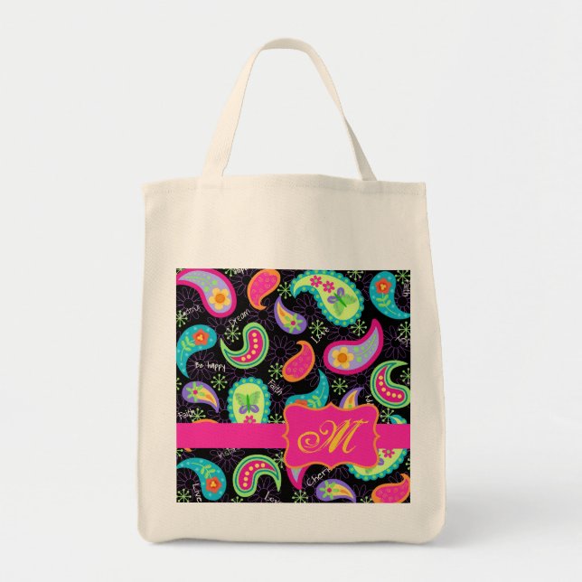 Tote Bag Noir Fuchsia rose moderne Paisson Monogramme (Devant)