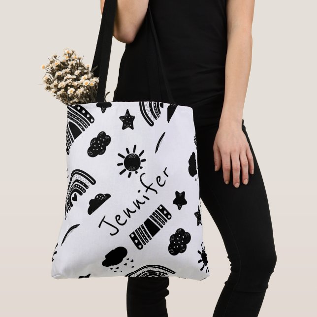 Tote Bag Noir moderne Blanc Arc-en-ciel Nom tendance Monogr (De près)