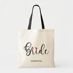 Tote Bag Noir moderne calligraphie Mariée de coeur rouge