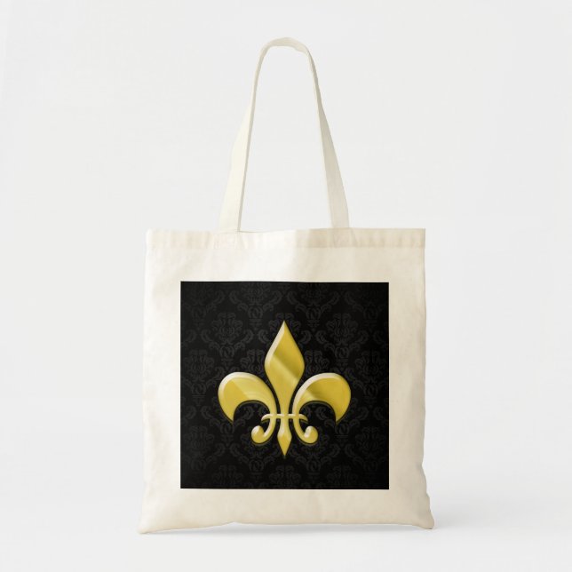 Tote Bag Noir/or Damask Fleur de Lis (Devant)