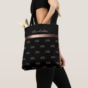 Tote Bag Noir rose or monogramme initiales nom du motif