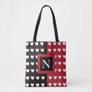 Tote Bag Noir Rouge Coeurs blancs Monogramme initial